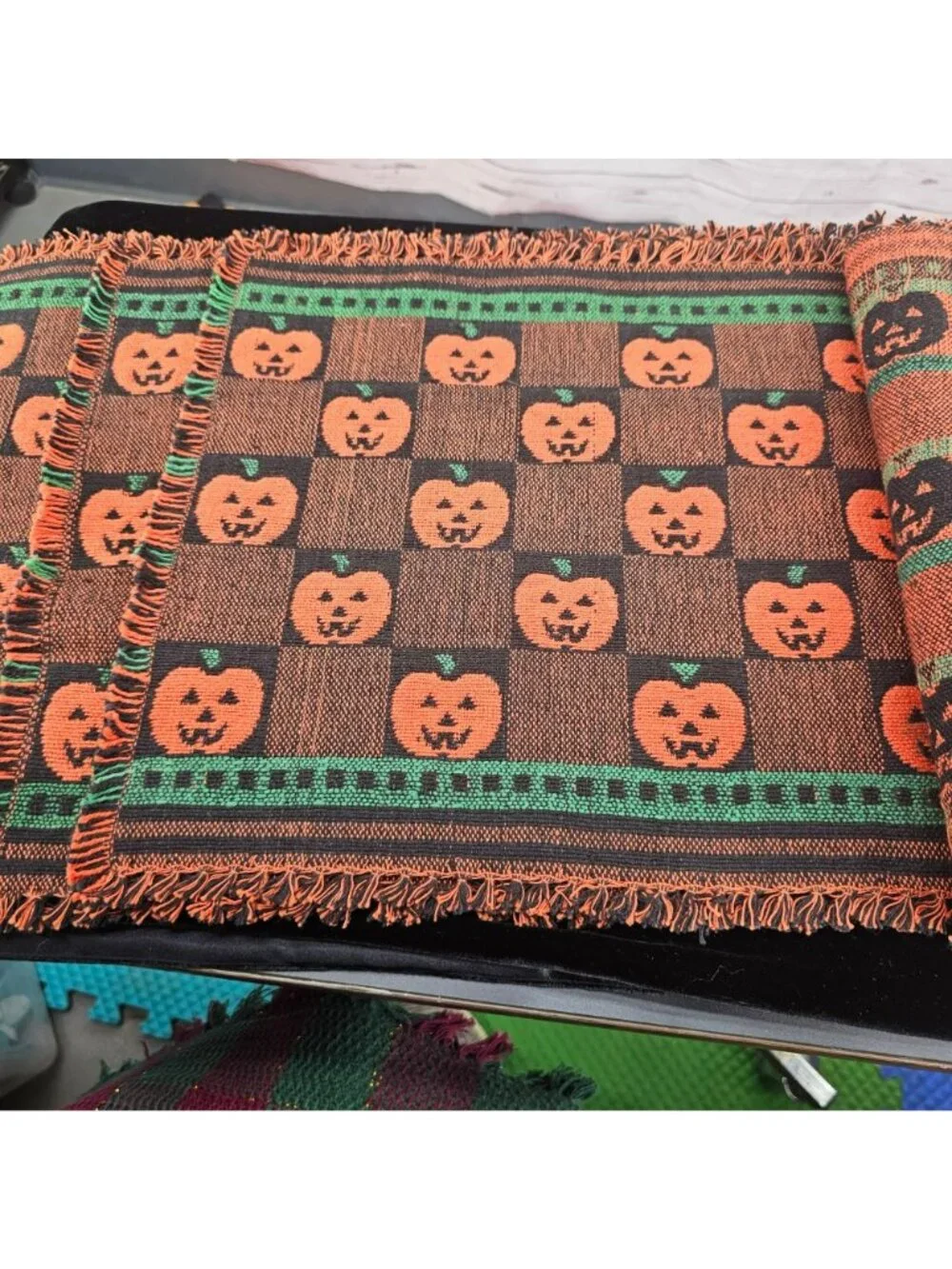Vintage Halloween Woven Pumpkin Placemat Set Of 4 With Fringe - Black & Orange J